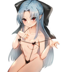 Rule 34 | 1girl, absurdres, adjusting clothes, bad id, bad pixiv id, bikini, black bow, black ribbon, blue hair, blush, bow, breasts, collarbone, hair bow, hand on own chest, highres, len (tsukihime), long hair, looking at viewer, navel, nipple slip, nipples, onigirisss, pointy ears, red eyes, ribbon, sidelocks, simple background, sitting, small breasts, solo, swimsuit, tsukihime, white background