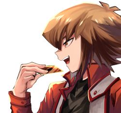 Rule 34 | 1boy, :d, black shirt, brown eyes, brown hair, card, duel academy uniform (yu-gi-oh! gx), hair between eyes, holding, holding card, jacket, long sleeves, male focus, multicolored hair, open clothes, open jacket, open mouth, profile, red jacket, shirt, simple background, sk816, smile, solo, two-tone hair, upper body, white background, yu-gi-oh!, yu-gi-oh! gx, yuki judai