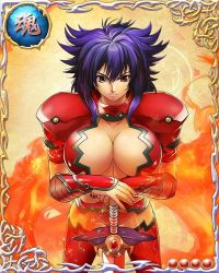 Rule 34 | 1girl, armor, bastard!!, breasts, card (medium), cleavage, fire, kai harn, large breasts, legs, looking at viewer, magic, mobage, purple eyes, purple hair, serious, short hair, shoulder pads, simple background, solo, standing, sword, thighs, wavy hair, weapon