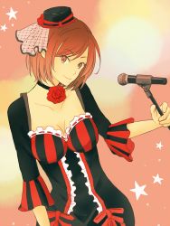 Rule 34 | 1girl, bow, breasts, brown eyes, brown hair, choker, cleavage, collarbone, flower, frilled sleeves, frills, hat, hip focus, holding, holding microphone, large breasts, lips, looking at viewer, lorelei (module), lovers suicide oblivion (vocaloid), meiko (vocaloid), microphone, microphone stand, mini hat, overday, pink background, project diva (series), project diva extend, red bow, rose, short hair, smile, solo, star (symbol), upper body, vocaloid
