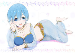 Rule 34 | 1girl, :d, anklet, barefoot, blue eyes, blue hair, blue pants, blue sleeves, bracelet, breasts, cleavage, collarbone, hair over one eye, twirling hair, harem outfit, harem pants, highres, jewelry, large breasts, long sleeves, lying, midriff, navel, official art, on side, open mouth, pants, re:zero kara hajimeru isekai seikatsu, rem (re:zero), see-through, see-through pants, see-through sleeves, shiima, short hair, signature, smile, solo, stomach, white background