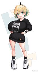Rule 34 | 1girl, absurdres, alternate breast size, amano pikamee, artist name, black hairband, black socks, black sweater, black wristband, blonde hair, breasts, character name, collarbone, commentary request, full body, green eyes, green hair, hairband, hands on own thighs, highres, huge breasts, kaedeno yuu, looking at viewer, mixed-language commentary, multicolored hair, open mouth, oppai loli, sharp teeth, shoes, short hair, simple background, smile, sneakers, socks, solo, standing, sweater, teeth, text print, thighs, twitter username, two-tone hair, virtual youtuber, voms, white background, white footwear