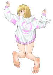Rule 34 | 1girl, absurdres, aqua nails, arms up, bare legs, barefoot, blonde hair, brown eyes, closed mouth, feet, from behind, full body, highres, hood, hood down, hoodie, kneeling, legs, long sleeves, looking back, mbr90munouk, multicolored hair, nail polish, original, pink hair, pink hoodie, signature, simple background, soles, solo, streaked hair, thighs, toes, tongue, tongue out, twitter username, two-tone hoodie, white background, white hoodie