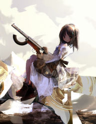 Rule 34 | 1girl, 86thunder, ankle boots, bag, bare shoulders, boots, brown eyes, brown hair, dress, from side, full body, gun, hair ornament, hairclip, hairpin, highres, holding, holding gun, holding weapon, looking at viewer, original, ribbon-trimmed sleeves, ribbon trim, rifle, short hair, sitting, smile, solo, weapon