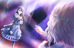 Rule 34 | 2girls, :d, arm cutout, blue eyes, blue hair, blurry, blurry foreground, dark blue hair, dutch angle, game cg, green kimono, grey hair, hair ornament, half up braid, highres, holding, holding microphone, japanese clothes, kimono, legs apart, light particles, link! like! love live!, long hair, long sleeves, love live!, microphone, multicolored hair, multiple girls, murano sayaka, official art, open mouth, pointing, pointing at another, red hair, short hair, smile, solo focus, standing, streaked hair, striped clothes, striped kimono, take it over (love live!), teeth, third-party source, upper teeth only, virtual youtuber, yugiri tsuzuri
