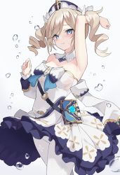 Rule 34 | 100, 100percent park, 1girl, arm out of sleeve, arm up, armpits, barbara (genshin impact), blue eyes, blush, book, breasts, closed mouth, commentary, cowboy shot, cross, detached collar, detached sleeves, dress, drill hair, frilled dress, frills, genshin impact, gold trim, grey background, hair between eyes, hat, highres, looking at viewer, medium breasts, medium hair, nervous smile, o-ring, pantyhose, see-through, simple background, smile, solo, standing, strap, sweatdrop, swept bangs, twin drills, twintails, vision (genshin impact), wet, wet clothes, white dress, white pantyhose