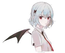 Rule 34 | 1girl, alternate costume, bat wings, black bow, blue hair, bow, cropped torso, from side, hair bow, highres, medium hair, necktie, no headwear, o (crazyoton46), red eyes, red necktie, remilia scarlet, shirt, short sleeves, simple background, solo, touhou, upper body, white background, white shirt, wings