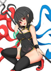 Rule 34 | 1girl, alternate costume, antenna hair, asymmetrical wings, bare shoulders, black dress, black hair, black thighhighs, china dress, chinese clothes, cleavage cutout, clothing cutout, daichi (tokoya), dress, highres, hip focus, holding, houjuu nue, looking at viewer, open mouth, pointy ears, polearm, red eyes, short hair, simple background, smile, solo, thick thighs, thighhighs, thighs, touhou, trident, weapon, white background, wide hips, wings