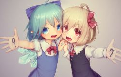 Rule 34 | 2girls, ahoge, black vest, blonde hair, blue dress, blue eyes, blue hair, bow, cheek-to-cheek, cirno, date pun, dress, gradient background, grey background, hair bow, hair ribbon, heads together, holding hands, interlocked fingers, long sleeves, multiple girls, number pun, open hand, outstretched hand, puffy short sleeves, puffy sleeves, red eyes, red ribbon, ribbon, rumia, short hair, short sleeves, simple background, tekina (chmr), touhou, upper body, vest, wings