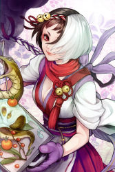 Rule 34 | 1girl, absurdres, arrow (projectile), bell, braid, breasts, brown hair, cleavage, food, fruit, gloves, hair over one eye, hairband, hidari (left side), highres, kuon (toukiden), leaf, long hair, multicolored hair, official art, red eyes, snake, solo, toukiden 2, two-tone hair, upper body, white hair