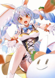 Rule 34 | 1girl, animal ear fluff, animal ears, blue bow, blue bowtie, blue hair, blush, bow, bowtie, braid, breasts, carrot hair ornament, commentary request, corset, dress, food-themed hair ornament, gloves, hair ornament, highres, hololive, hololive idol uniform, kasumi komo, long hair, looking at viewer, medium breasts, pekomon (usada pekora), open mouth, outstretched arm, rabbit ears, red eyes, short eyebrows, solo, teeth, thick eyebrows, thighhighs, twin braids, twintails, two side up, upper teeth only, usada pekora, virtual youtuber, white dress, white gloves, white hair, white thighhighs