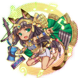 Rule 34 | animal ears, bastet (p&amp;d), brown hair, cat ears, cat tail, dark skin, fang, green eyes, instrument, jewelry, lots of jewelry, puzzle &amp; dragons, skirt, tail