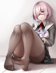 Rule 34 | black pantyhose, breasts, dorsiflexion, dydydyok, fate/grand order, fate (series), feet, fou (fate), legs, mash kyrielight, no shoes, panties, panties under pantyhose, pantyhose, pink eyes, pink hair, school uniform, short hair, sitting, smile, soles, solo, toes, underwear
