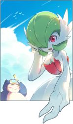 Rule 34 | 1girl, arm up, backlighting, bare shoulders, bird, blue sky, blush stickers, bob cut, border, claws, closed eyes, closed mouth, cloud, colored skin, creatures (company), day, dress, eyewear on head, fangs, fangs out, female focus, flat chest, game freak, gardevoir, gen 1 pokemon, gen 3 pokemon, goggles, green hair, hair over one eye, hand on own head, hand up, happy, kabigon, leaning forward, looking at viewer, mega gardevoir, mega pokemon, nintendo, one eye covered, open mouth, outdoors, outside border, outstretched arm, pokemon, pokemon (creature), reaching, reaching towards viewer, red eyes, short hair, sky, smile, snorkel, snorlax, solo focus, standing, strapless, strapless dress, sunlight, teeth, upper body, wet, white border, white dress, white skin, yellow-framed eyewear