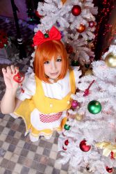Rule 34 | 1girl, absurdres, apron, asian, bow, chouzuki maryou, christmas tree, doraemon, dress, facing viewer, from above, hair bow, highres, indoors, japanese (nationality), lipstick, looking at viewer, makeup, orange hair, photo (medium), plump, red bow, shirt, short sleeves, solo, tagme, tile floor, tiles, waist apron, waitress, waitress uniform, white apron, white shirt, wig, yellow dress