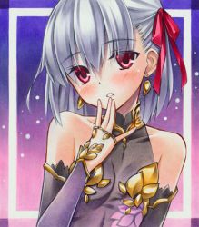 Rule 34 | 1girl, bad id, bad pixiv id, black sleeves, blush, collarbone, detached sleeves, fate/grand order, fate (series), hair between eyes, hair ribbon, head tilt, jewelry, kama (fate), kama (first ascension) (fate), long sleeves, looking at viewer, multicolored sleeves, parted lips, purple sleeves, red eyes, red ribbon, ribbon, ring, short hair, silver hair, solo, upper body, yuto takumi