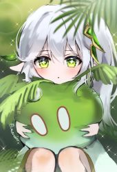 Rule 34 | 1girl, amaneko (amaneko y), blurry, blurry foreground, cross-shaped pupils, genshin impact, green background, green eyes, grey hair, highres, holding, long hair, looking at viewer, nahida (genshin impact), open mouth, pointy ears, side ponytail, slime (genshin impact), star (symbol), symbol-shaped pupils