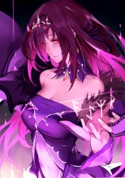 Rule 34 | 1girl, absurdres, bad id, bad pixiv id, bare shoulders, breasts, caster (lostbelt), cleavage, closed mouth, commentary, dress, fate/grand order, fate (series), half-closed eyes, hand up, headpiece, highres, large breasts, long hair, looking at viewer, purple dress, purple hair, red eyes, reroi, revision, scathach (fate), scathach skadi (fate), sidelocks, smile, solo