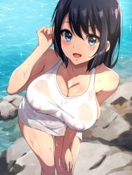 Rule 34 | 1girl, :d, black hair, blue eyes, blush, bottomless, breasts, character request, cleavage, copyright request, covered erect nipples, highres, large breasts, leaning forward, no bra, ocean, open mouth, rock, see-through, shirt, short hair, smile, solo, standing, vright leftv, water, wet, wet clothes, wet shirt