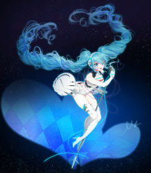Rule 34 | 1girl, :d, absurdly long hair, ass, blue eyes, blue hair, blush, boots, breasts, cleavage, elbow gloves, floating hair, full body, gloves, hair between eyes, hairband, hatsune miku, headphones, high heel boots, high heels, highres, holding, holding microphone, long hair, medium breasts, microphone, microphone stand, miemia, open mouth, racing miku, sleeveless, smile, solo, thighhighs, twintails, very long hair, vocaloid, white footwear, white gloves, white hairband, white heels