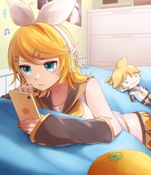 Rule 34 | 1girl, aqua eyes, bare shoulders, bedroom, blonde hair, blouse, bow, cellphone, collarbone, detached sleeves, focused, food, fruit, hair bow, hair ornament, hairclip, headphones, headset, highres, holding, holding phone, kagamine len, kagamine rin, lying, on bed, on stomach, orange (fruit), phone, poster (object), sailor collar, serious, shelf, shirt, short hair, shorts, sleeveless, sleeveless shirt, solo, soramame pikuto, stuffed toy, sweatdrop, vocaloid