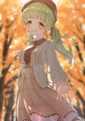Rule 34 | 1girl, absurdres, autumn leaves, bag, beret, blurry, blurry background, blush, breasts, brown hat, brown jacket, brown skirt, collared shirt, depth of field, green eyes, green hair, grin, hat, highres, holding strap, jacket, long hair, long sleeves, looking at viewer, low twintails, medium breasts, morinaka kazaki, nijisanji, open clothes, open jacket, pleated skirt, puffy long sleeves, puffy sleeves, shirt, shoulder bag, skirt, smile, solo, tree, twintails, virtual youtuber, white shirt, yotsugi