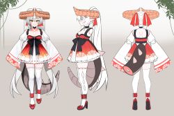 Rule 34 | absurdres, asymmetrical bangs, black tail, choker, dragon girl, dragon horns, dragon tail, from behind, from side, full body, gradient background, highres, horns, kumaartsu, long sleeves, mythic live, nako ryu, original, pleated skirt, pointy ears, red footwear, skirt, sleeves past wrists, spiked tail, tail, twintails, virtual youtuber