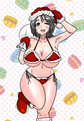 1girl armpits bikini blush breasts christmas cleavage freckles girls_und_panzer gloves grey_eyes grey_hair hat large_breasts long_hair looking_at_viewer moesenyukikaze navel one_eye_closed open_mouth piyotan_(girls_und_panzer) ponytail red_gloves santa_bikini santa_hat side-tie_bikini_bottom smile solo swimsuit wink