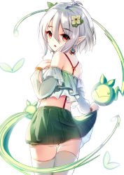 Rule 34 | 1girl, :o, antenna hair, ass, bad id, bad pixiv id, bare shoulders, commentary request, detached sleeves, flower, green flower, green skirt, hair between eyes, hair flower, hair ornament, kokkoro (princess connect!), long sleeves, looking at viewer, looking back, parted lips, pleated skirt, pointy ears, princess connect!, puffy long sleeves, puffy sleeves, red eyes, silver hair, simple background, skirt, skirt hold, solo, thighhighs, white background, white thighhighs, yan (nicknikg)