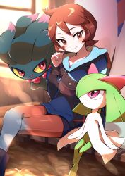 Rule 34 | 1girl, absurdres, arezu (pokemon), black shorts, blue jacket, blush, boots, brown bag, brown eyes, brown hair, closed mouth, collarbone, commentary request, cowlick, creatures (company), crossed legs, day, game freak, gen 2 pokemon, gen 3 pokemon, gradient legwear, hand up, highres, jacket, kirlia, long sleeves, misdreavus, nintendo, outdoors, pantyhose, pokemon, pokemon (creature), pokemon legends: arceus, pon yui, short hair, shorts, sitting, smile