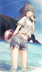 Rule 34 | 1girl, absurdres, ahoge, arm behind back, ball, beachball, black hair, blue eyes, blue sky, breasts, cloud, commentary request, crop top, day, grey shorts, hair between eyes, highres, holding, holding ball, long hair, looking at viewer, midriff, navel, ocean, original, outdoors, parted lips, shirt, short shorts, short sleeves, shorts, side-tie peek, sky, small breasts, solo, soranagi yuki, water, wet, white shirt