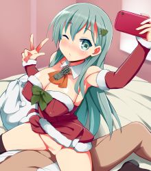 Rule 34 | 10s, 1boy, 1girl, 9law, aqua eyes, aqua hair, bad id, bad pixiv id, bare shoulders, bed sheet, black thighhighs, blush, boots, bottomless, breasts, cellphone, christmas, christmas tree hair ornament, cleavage, clothed sex, clothes lift, covered erect nipples, cowgirl position, detached collar, detached sleeves, dress, dress lift, girl on top, hair ornament, hairclip, hetero, indoors, kantai collection, large breasts, long hair, neckerchief, no panties, one eye closed, parted lips, phone, red dress, sack, selfie, sex, short dress, smartphone, smile, solo focus, straddling, suzuya (kancolle), thigh boots, thighhighs, v, vaginal