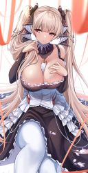 Rule 34 | 1girl, absurdres, azur lane, between breasts, black bow, black dress, blonde hair, blurry, blurry foreground, bow, breasts, cleavage, commentary request, depth of field, dress, eyelashes, eyepatch, formidable (azur lane), hair between eyes, hair bow, hair ornament, hair ribbon, hairband, hand on own chest, hands up, highres, large breasts, lolita fashion, lolita hairband, long hair, looking at viewer, necktie, necktie between breasts, pantyhose, red eyes, red ribbon, ribbon, rikiddo (tise 00), side ponytail, sitting, twintails, very long hair, white pantyhose