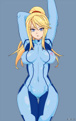 Rule 34 | 1girl, arm behind head, arm up, armpits, arms up, blonde hair, blue eyes, bodysuit, breasts, breasts apart, covered erect nipples, covered navel, cowboy shot, female focus, high ponytail, highres, hip focus, holding own arm, impossible bodysuit, impossible clothes, large breasts, long hair, looking at viewer, metroid, mole, mole under mouth, nintendo, orangetea, parted lips, ponytail, puffy nipples, samus aran, scrunchie, sidelocks, skin tight, solo, standing, swept bangs, thigh gap, turtleneck, wide hips, zero suit
