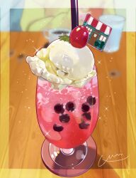 Rule 34 | 1other, cherry, cup, drink, drinking glass, drinking straw, food, food focus, fruit, ice cream, ice cream float, indoors, mint, miri illust, original, solo, table, wooden table