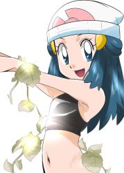 Rule 34 | 1girl, blue eyes, blue hair, breasts, creatures (company), curvy, dawn (pokemon), female focus, game freak, hainchu, hat, looking at viewer, matching hair/eyes, nintendo, pokemon, pokemon (anime), pokemon dppt (anime), small breasts, smile, solo, upper body