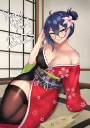 Rule 34 | 1girl, 2023, absurdres, adjusting hair, bare shoulders, blue hair, breasts, commentary, english commentary, floral print, flower, glasses, grin, hair bun, hair flower, hair ornament, happy new year, highres, japanese clothes, kimono, looking at viewer, medium breasts, mole, mole on breast, new year, obi, original, sash, single hair bun, sitting, smile, solo, teeth, thighhighs, thighs, zet (twt zet)