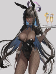 Rule 34 | 1girl, animal ears, arm at side, bare shoulders, black hair, black leotard, blue archive, blue bow, blue bowtie, border, bow, bowtie, breasts, breasts apart, closed mouth, covered navel, cup, dark-skinned female, dark skin, detached collar, drinking straw, fake animal ears, fishnet pantyhose, fishnets, gluteal fold, hair between eyes, hand up, highleg, highleg leotard, highres, holding, holding tray, jeneral, karin (blue archive), karin (bunny) (blue archive), large breasts, leotard, long hair, looking at viewer, mixed-language commentary, number tattoo, official alternate costume, outside border, pantyhose, ponytail, rabbit ears, shoulder tattoo, simple background, solo, strapless, strapless leotard, tattoo, tray, white background, white wrist cuffs, wrist cuffs, yellow eyes