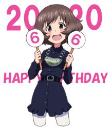Rule 34 | 1girl, :d, akiyama yukari, belt, black belt, black dress, brown eyes, brown hair, chain, chain necklace, collared dress, commentary, cowboy shot, cropped legs, dated, dress, english text, girls und panzer, gorget, happy birthday, holding, holding sign, japanese tankery league judge uniform, jewelry, judge, kayabakoro, long sleeves, looking at viewer, medallion, messy hair, necklace, open mouth, pantyhose, short dress, short hair, sign, simple background, smile, solo, standing, text background, uniform, white background, white pantyhose, wing collar