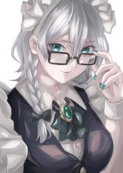 Rule 34 | 1girl, adjusting eyewear, bad id, bad twitter id, bespectacled, black-framed eyewear, black bow, black ribbon, blue eyes, blue nails, bow, braid, breasts, brooch, commentary request, glasses, hair between eyes, hair bow, hand up, izayoi sakuya, jan (lightdragoon), jewelry, looking at viewer, maid, maid headdress, medium breasts, nail polish, neck ribbon, parted lips, ribbon, short hair, silver hair, simple background, smile, solo, touhou, twin braids, upper body, white background, wing collar, wrist cuffs