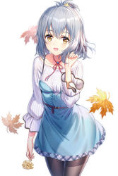 Rule 34 | 1girl, adjusting hair, aqua dress, belt, blush, borrowed character, breasts, character request, collarbone, commentary request, copyright request, dress, flower, hair between eyes, hair ornament, haori haruki, highres, himitsu no jugyou, holding, holding flower, leaf, long hair, looking at viewer, maple leaf, medium breasts, neck ribbon, open mouth, pantyhose, pinafore dress, red ribbon, ribbon, ririko (zhuoyandesailaer), shirt, short hair, silver hair, simple background, sleeveless, sleeveless dress, solo, upper body, white background, white shirt, yellow eyes