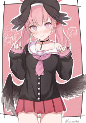 Rule 34 | 1girl, black shirt, black wings, blue archive, blush, commentary request, cowboy shot, feathered wings, flower, hair between eyes, hair flower, hair ornament, halo, hands up, hat, head wings, katsukare, koharu (blue archive), long hair, long sleeves, looking at viewer, miniskirt, neckerchief, pink eyes, pink hair, pink halo, pink neckerchief, pink skirt, pleated skirt, red flower, sailor collar, shirt, skirt, smile, solo, twintails, wings