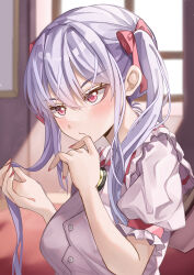 Rule 34 | 1girl, absurdres, alternate hairstyle, blush, fingernails, frilled sleeves, frills, hand on own chin, highres, indoors, looking ahead, mahoro (minase mahoro), nail polish, puffy short sleeves, puffy sleeves, purple hair, purple shirt, red eyes, remilia scarlet, shirt, short sleeves, solo, touhou, twintails, upper body