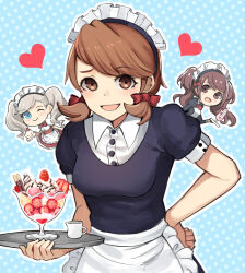 Rule 34 | 3girls, :d, alternate costume, apron, black dress, blue background, blue eyes, blush, blush stickers, bow, breasts, brown eyes, brown hair, chibi, closed mouth, commentary, company connection, crossover, dress, english commentary, enmaided, frilled apron, frills, furrowed brow, hair bow, hand on own hip, heart, holding, holding tray, kujikawa rise, kuki tan, long hair, looking at viewer, low twintails, maid, maid apron, maid headdress, medium breasts, medium hair, multiple girls, one eye closed, open mouth, persona, persona 3, persona 4, persona 5, polka dot, polka dot background, puffy short sleeves, puffy sleeves, red bow, short sleeves, short twintails, smile, solo focus, strawberry parfait, swept bangs, takamaki anne, takeba yukari, trait connection, tray, twintails, upper body, wavy hair, white apron