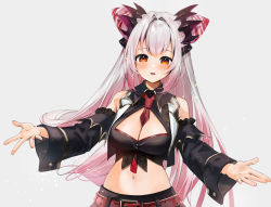 Rule 34 | 1girl, nanashi inc., bare shoulders, belt, between breasts, black shirt, blush, breasts, collared shirt, commentary request, cone hair bun, crop top, detached sleeves, gotou (nekocat), gradient hair, hair bun, honey strap, horns, long hair, long sleeves, looking at viewer, medium breasts, multicolored hair, navel, necktie, necktie between breasts, orange eyes, parted lips, pink hair, red belt, red necktie, shirt, signature, silver hair, simple background, solo, stomach, suou patra, upper body, very long hair, virtual youtuber, white background