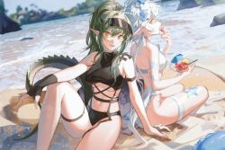 Rule 34 | 2girls, arknights, arm strap, bare shoulders, beach, black gloves, black headwear, black one-piece swimsuit, breasts, casual one-piece swimsuit, crocodilian tail, day, eating, feet out of frame, fingerless gloves, flower, food, gavial (arknights), ginnnn-, gloves, green hair, hair flower, hair ornament, highres, holding, holding food, knee up, long hair, looking at viewer, medium breasts, multiple girls, navel, official alternate costume, on ground, one-piece swimsuit, open mouth, orange eyes, outdoors, parted lips, pointy ears, ponytail, silver hair, single glove, sitting, smile, starfish, stomach, swimsuit, tail, thigh strap, thighs, tomimi (arknights), tomimi (silent night) (arknights), underboob, very long hair, visor cap, water, white flower, white one-piece swimsuit