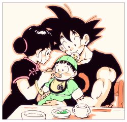 Rule 34 | 1girl, 2boys, aged down, baby, black dress, black eyes, black hair, black shirt, blunt bangs, blush, blush stickers, border, bowl, bracelet, broccoli, carrying, chair, chi-chi (dragon ball), china dress, chinese clothes, commentary request, cup, dragon ball, dragon ball (object), dress, family, father and son, feeding, fingernails, food, hair bun, happy, hat, holding, holding spoon, jewelry, looking at another, looking down, monkey tail, mother and son, multiple boys, outline, pine (pi ne t), plate, profile, rice, shirt, short sleeves, simple background, single hair bun, sitting, smile, son gohan, son goku, spiked hair, spoon, table, tail, upper body, utensil in mouth, white background, white border, wide-eyed