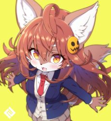 Rule 34 | 1girl, ahoge, animal ears, blazer, blush, cardigan, commentary request, fang, furry, furry female, grey skirt, hair between eyes, hair ornament, highres, jacket, long hair, looking at viewer, necktie, original, outstretched arms, pleated skirt, red necktie, school uniform, skin fang, skirt, solo, tail, thick eyebrows, tsuji, white cardigan, wolf ears, wolf girl, wolf tail, yellow background
