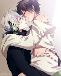 Rule 34 | 2boys, ass, ass grab, black hair, blush, face-to-face, gradient background, headphones, imminent kiss, kagerou project, kisaragi shintarou, konoha (kagerou project), loose clothes, lovehammer, male focus, multiple boys, short hair, short ponytail, sitting, sitting on lap, sitting on person, smile, sweatdrop, vocaloid, white hair, yamaha, yaoi