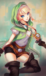 Rule 34 | 1girl, blonde hair, blue eyes, boots, braid, brown footwear, brown thighhighs, capelet, compass, gloves, green capelet, highres, hood, hyrule warriors, leather, leather boots, leather gloves, linkle, long hair, looking at viewer, miniskirt, nintendo, pointy ears, sidelocks, skirt, softmode, solo, the legend of zelda, thigh boots, thighhighs, twin braids, zettai ryouiki